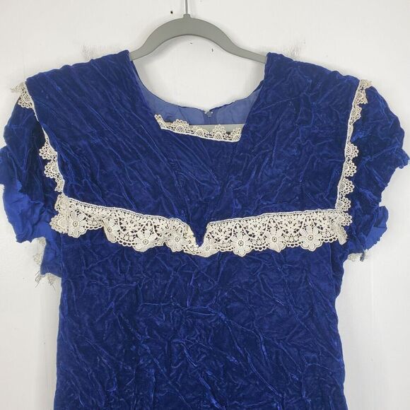 Gunne Sax Dress Velvet Vintage 80s Holiday Lace Trim Blue Draped Collar Girls 11 - Picture 3 of 11